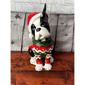 Blue Sky Clay Works Boston Terrier Christmas Cookie Jar Santa Hat Sweater 13.5”